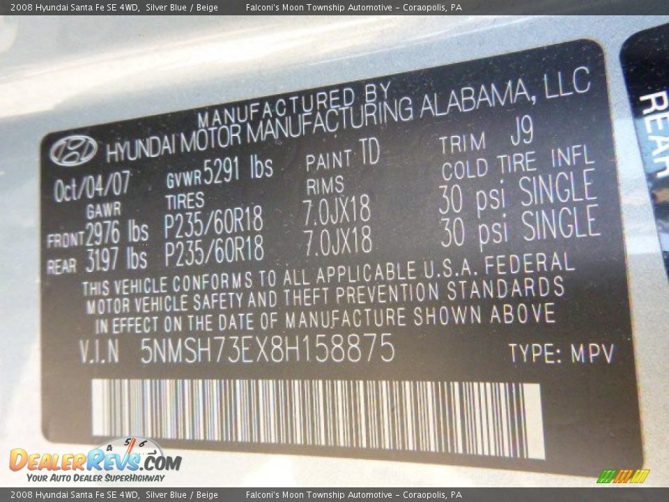 2008 Hyundai Santa Fe SE 4WD Silver Blue / Beige Photo #4