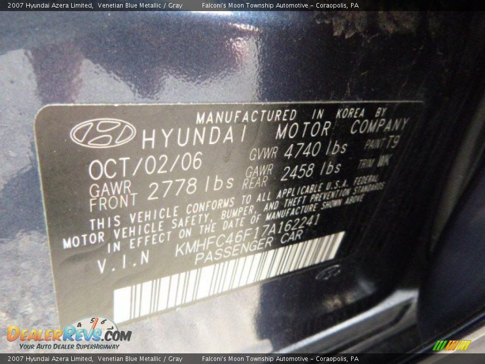 2007 Hyundai Azera Limited Venetian Blue Metallic / Gray Photo #4