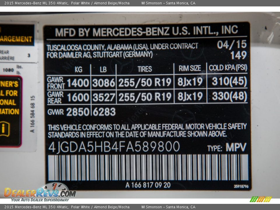 2015 Mercedes-Benz ML 350 4Matic Polar White / Almond Beige/Mocha Photo #7