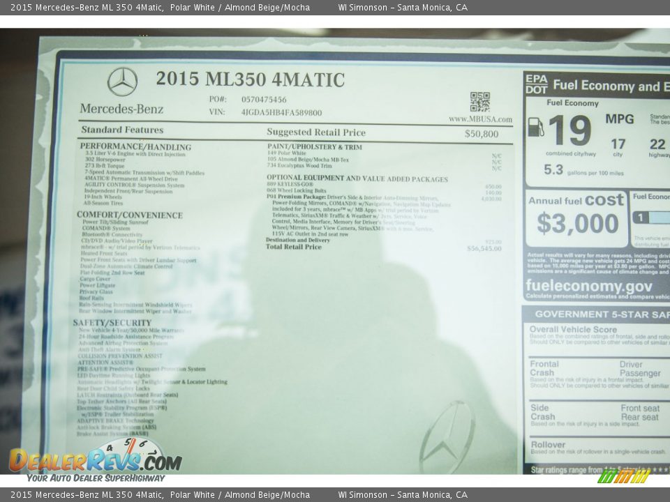 2015 Mercedes-Benz ML 350 4Matic Polar White / Almond Beige/Mocha Photo #11