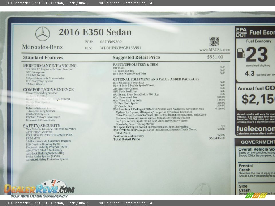 2016 Mercedes-Benz E 350 Sedan Window Sticker Photo #11