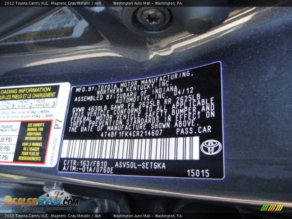 2012 Toyota Camry XLE Magnetic Gray Metallic / Ash Photo #19