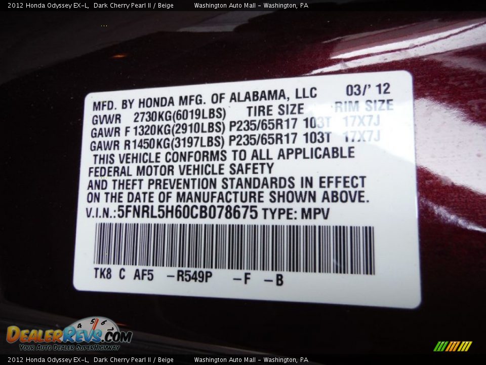 2012 Honda Odyssey EX-L Dark Cherry Pearl II / Beige Photo #20