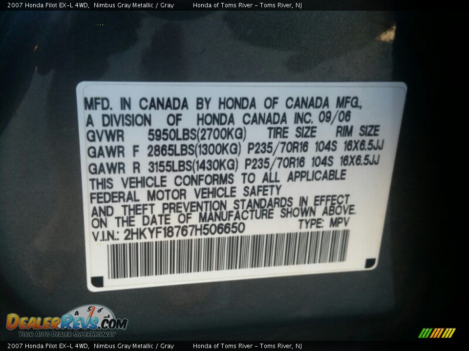 2007 Honda Pilot EX-L 4WD Nimbus Gray Metallic / Gray Photo #12