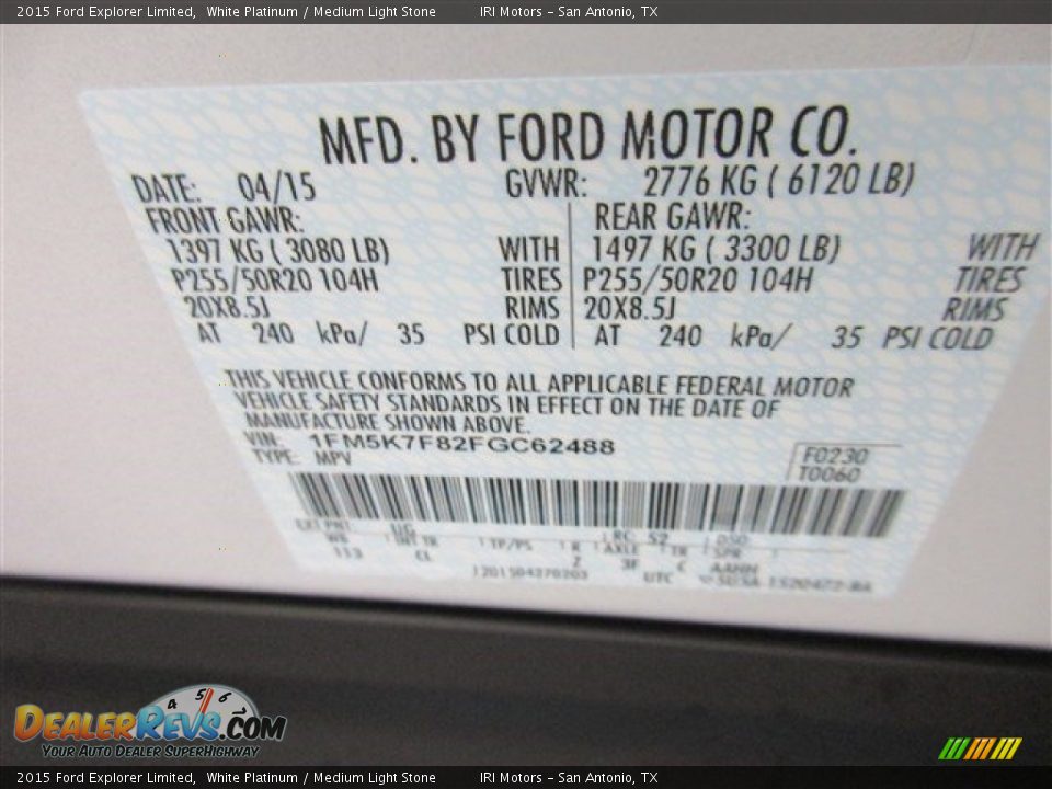 2015 Ford Explorer Limited White Platinum / Medium Light Stone Photo #18