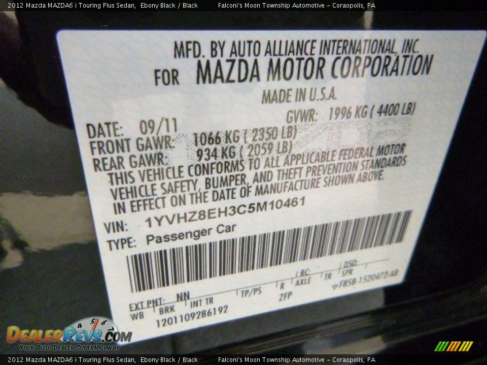 2012 Mazda MAZDA6 i Touring Plus Sedan Ebony Black / Black Photo #24