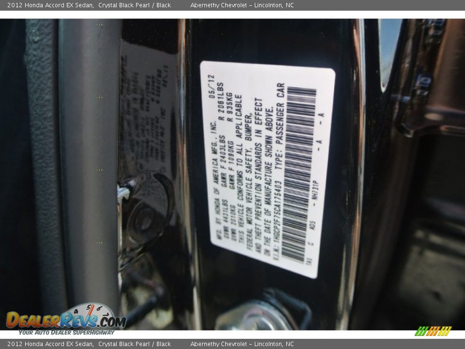 2012 Honda Accord EX Sedan Crystal Black Pearl / Black Photo #27