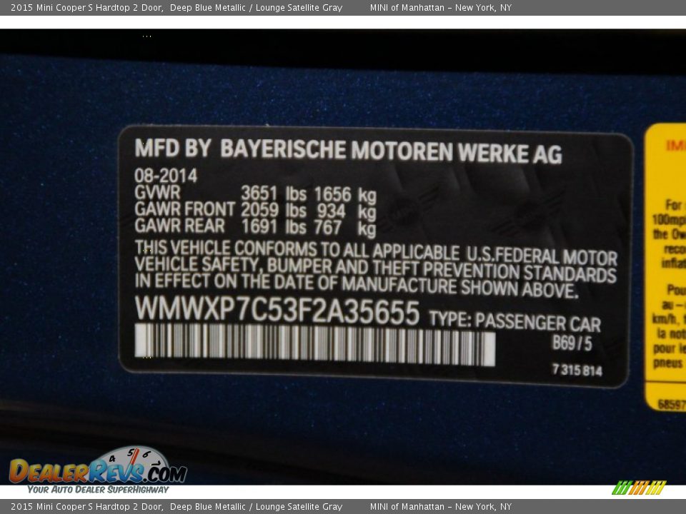 2015 Mini Cooper S Hardtop 2 Door Deep Blue Metallic / Lounge Satellite Gray Photo #21