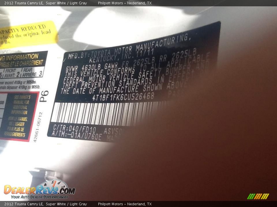 2012 Toyota Camry LE Super White / Light Gray Photo #6