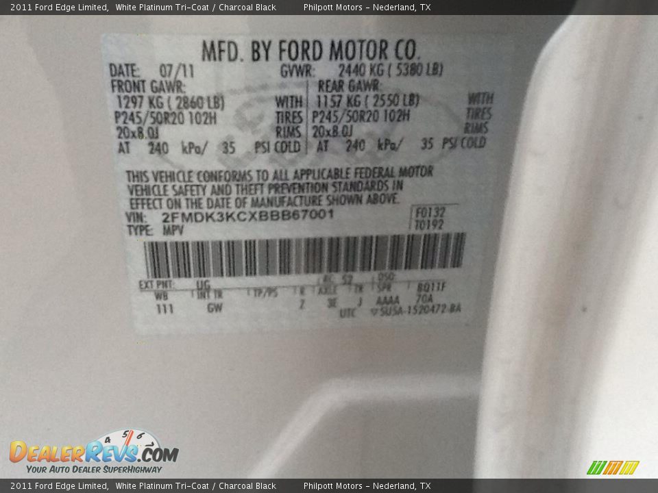 2011 Ford Edge Limited White Platinum Tri-Coat / Charcoal Black Photo #6
