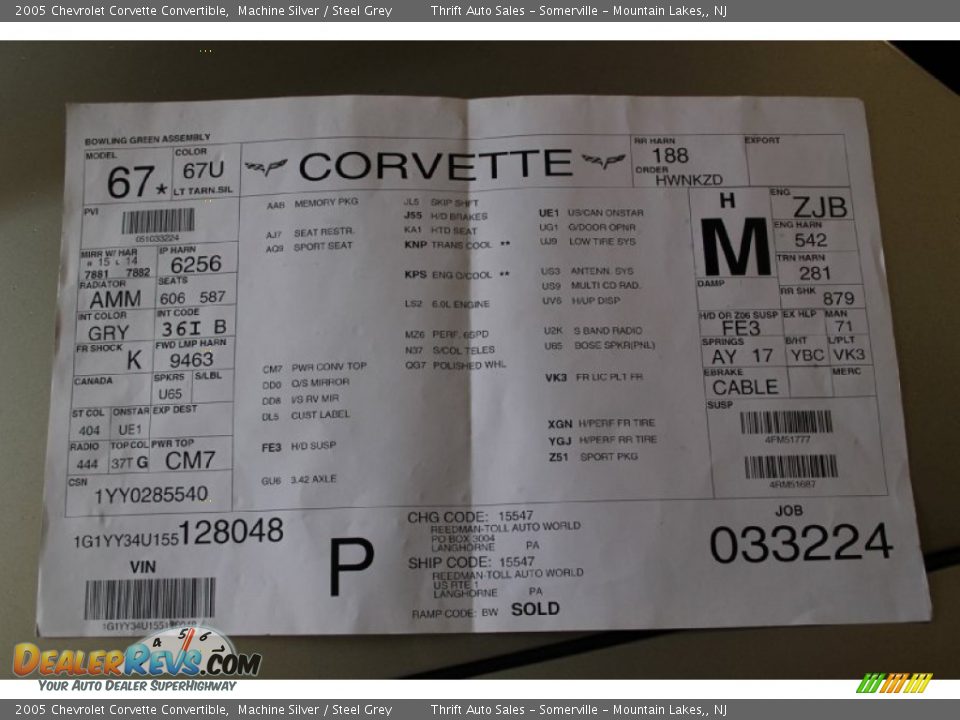 Info Tag of 2005 Chevrolet Corvette Convertible Photo #16