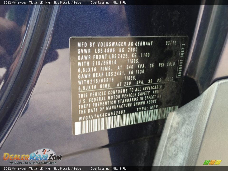 2012 Volkswagen Tiguan LE Night Blue Metallic / Beige Photo #14