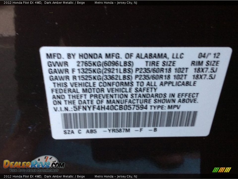 2012 Honda Pilot EX 4WD Dark Amber Metallic / Beige Photo #28