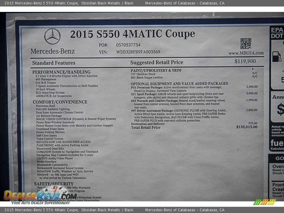 2015 Mercedes-Benz S 550 4Matic Coupe Window Sticker Photo #11