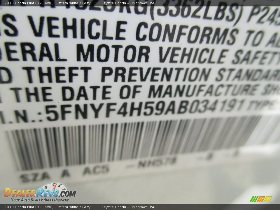 2010 Honda Pilot EX-L 4WD Taffeta White / Gray Photo #9