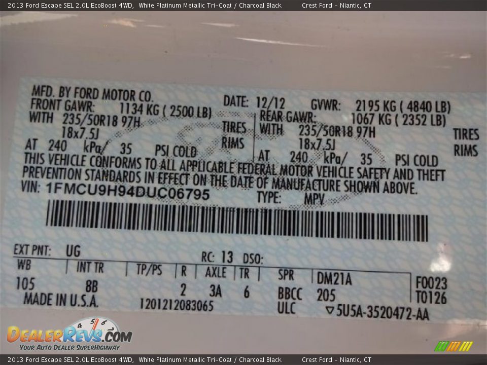 2013 Ford Escape SEL 2.0L EcoBoost 4WD White Platinum Metallic Tri-Coat / Charcoal Black Photo #15