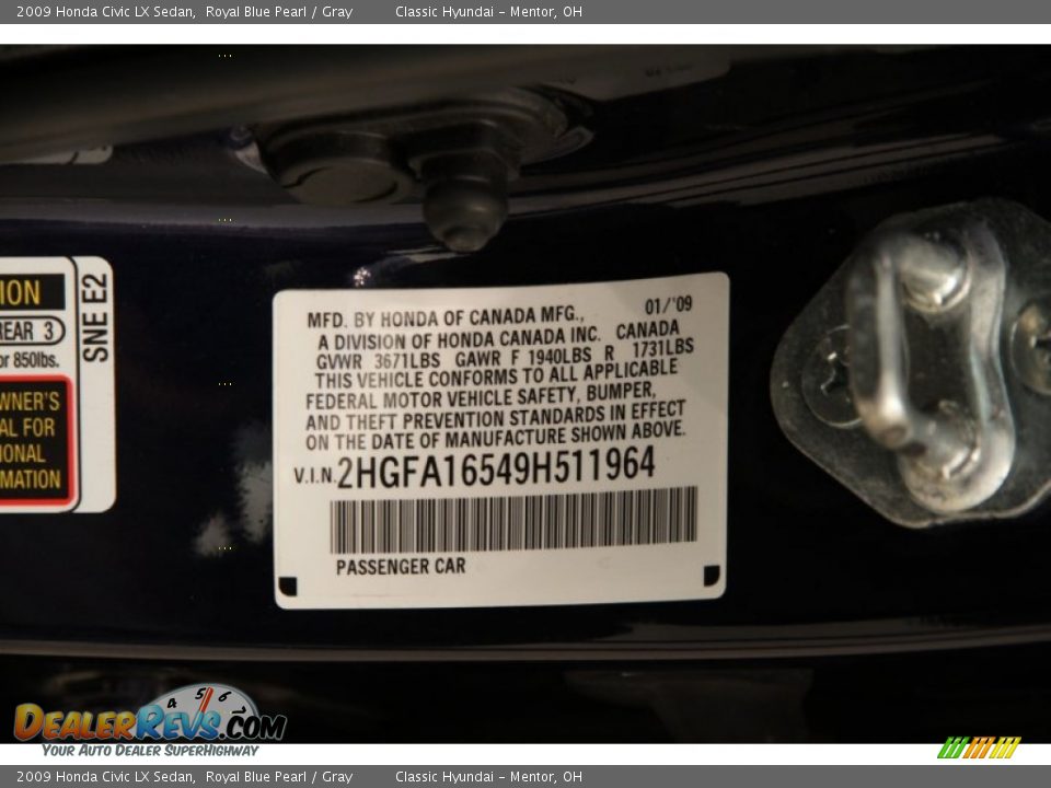 2009 Honda Civic LX Sedan Royal Blue Pearl / Gray Photo #16