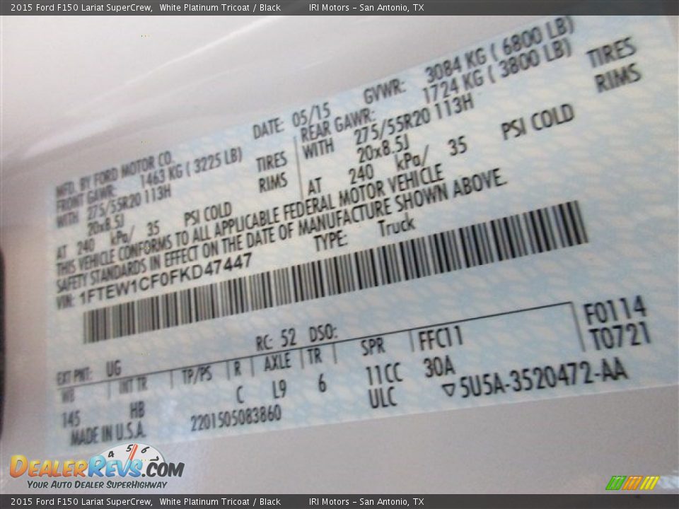 2015 Ford F150 Lariat SuperCrew White Platinum Tricoat / Black Photo #15