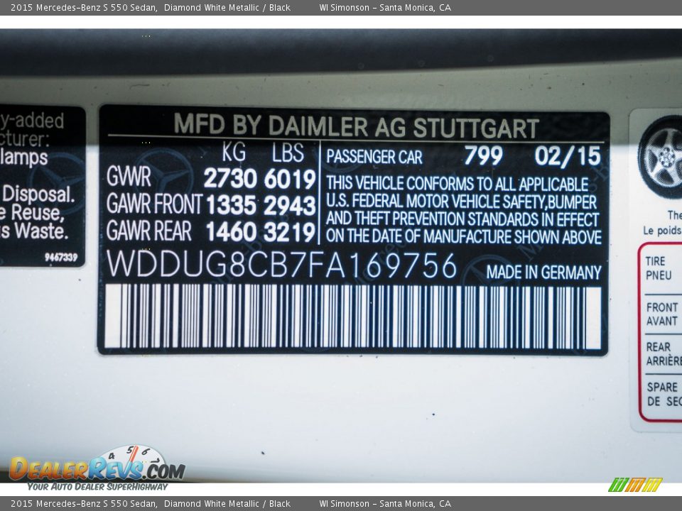 2015 Mercedes-Benz S 550 Sedan Diamond White Metallic / Black Photo #7