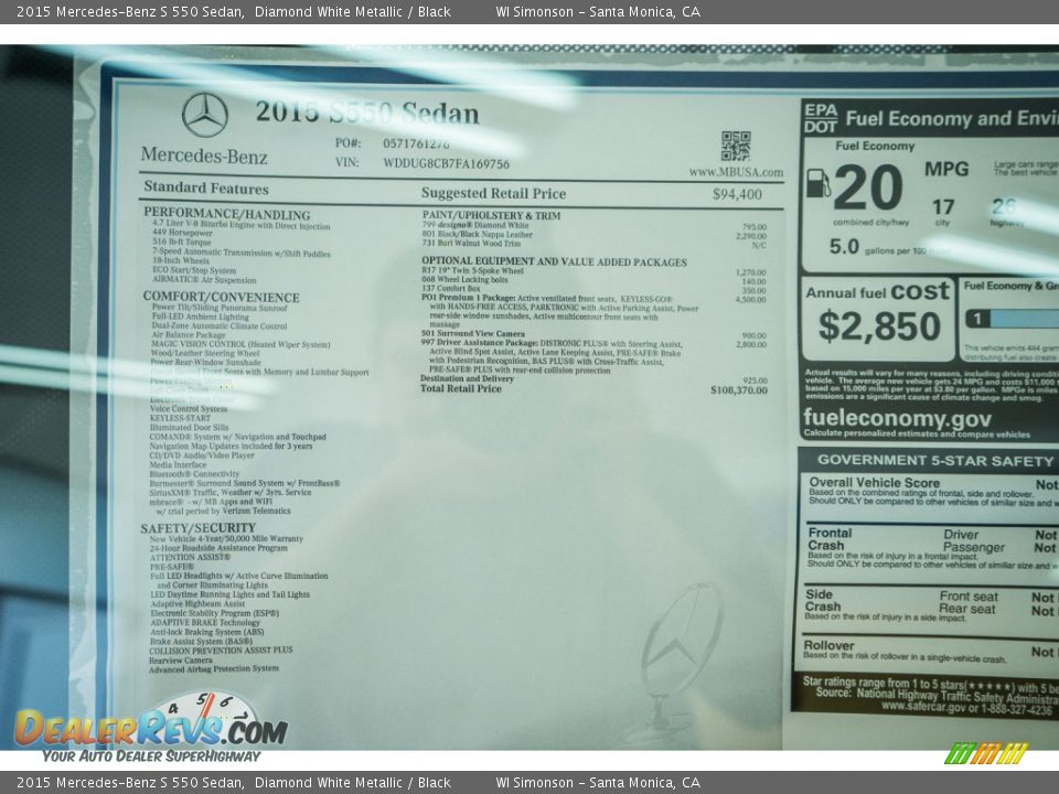 2015 Mercedes-Benz S 550 Sedan Diamond White Metallic / Black Photo #11