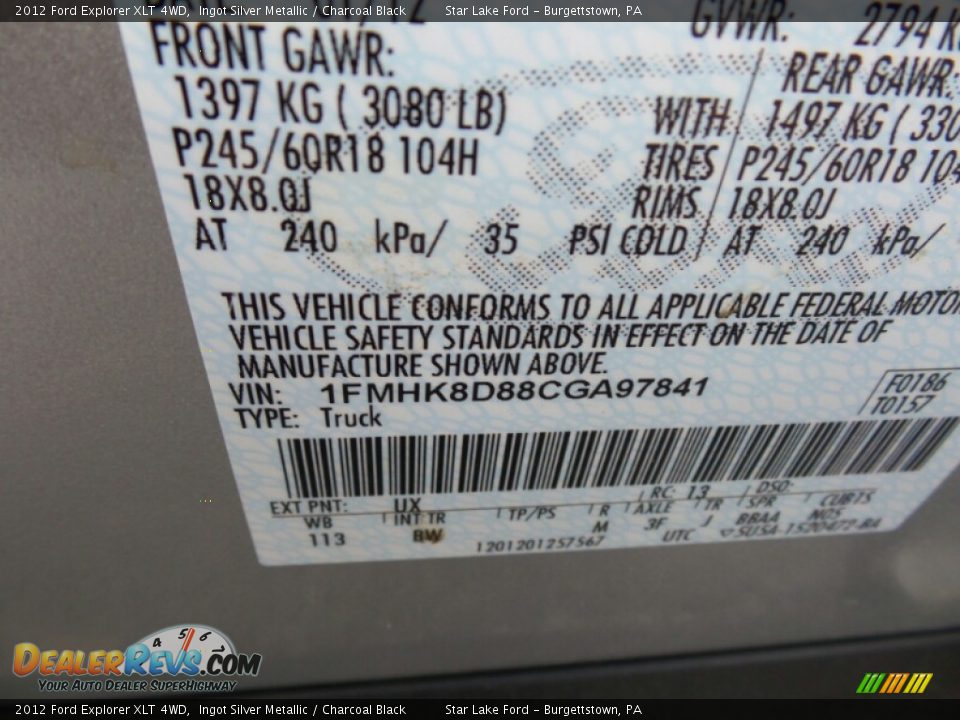 2012 Ford Explorer XLT 4WD Ingot Silver Metallic / Charcoal Black Photo #15
