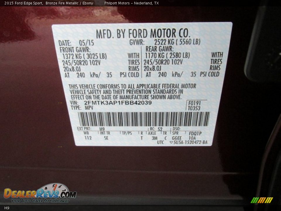Ford Color Code H9 Bronze Fire Metallic