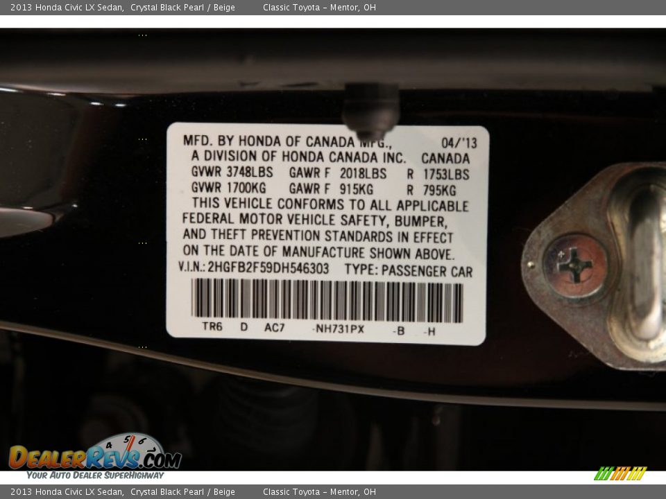 2013 Honda Civic LX Sedan Crystal Black Pearl / Beige Photo #18