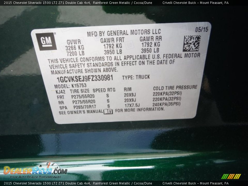 2015 Chevrolet Silverado 1500 LTZ Z71 Double Cab 4x4 Rainforest Green Metallic / Cocoa/Dune Photo #25