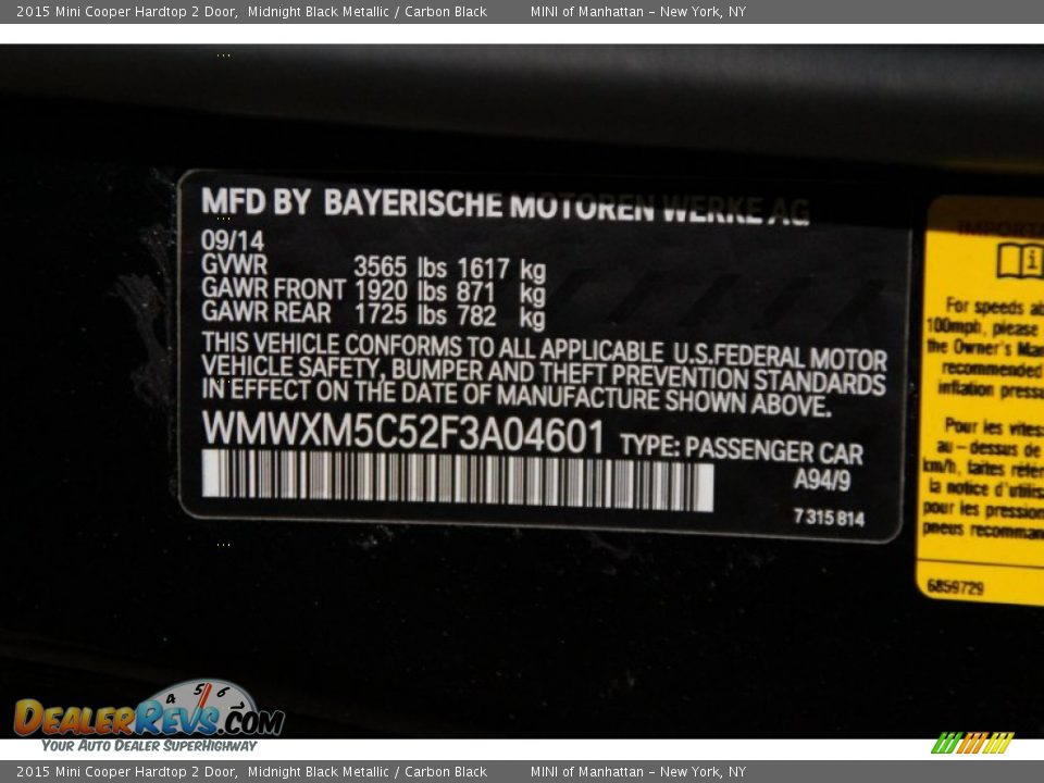 2015 Mini Cooper Hardtop 2 Door Midnight Black Metallic / Carbon Black Photo #22
