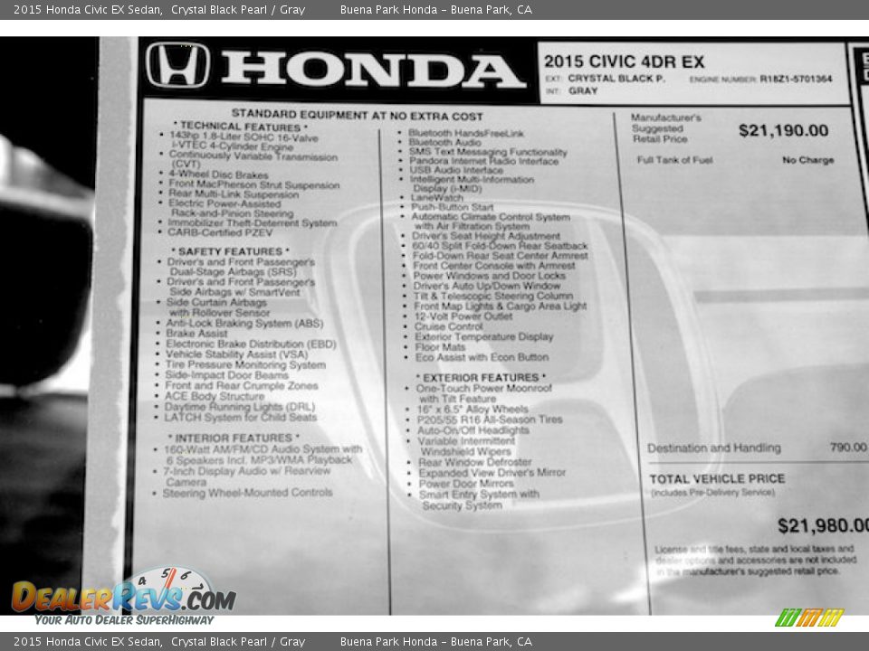 2015 Honda Civic EX Sedan Crystal Black Pearl / Gray Photo #19