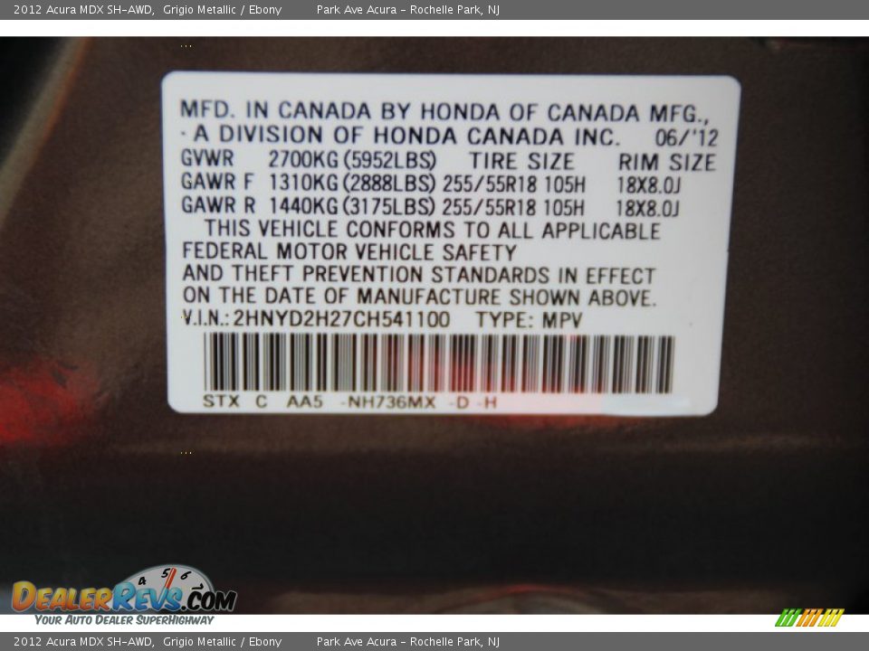 2012 Acura MDX SH-AWD Grigio Metallic / Ebony Photo #34