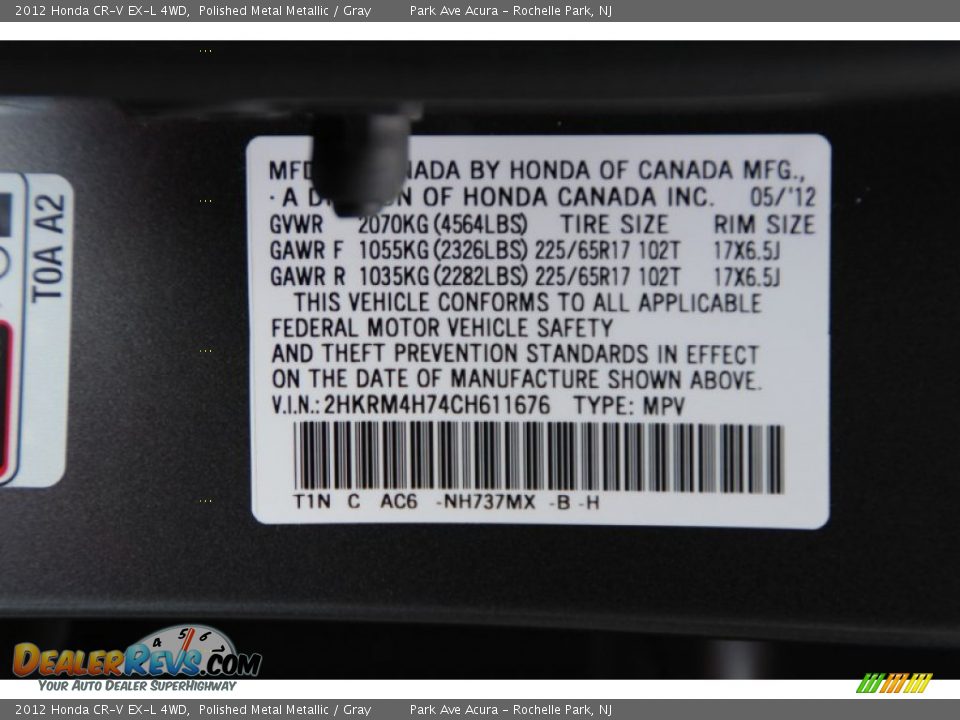 2012 Honda CR-V EX-L 4WD Polished Metal Metallic / Gray Photo #35