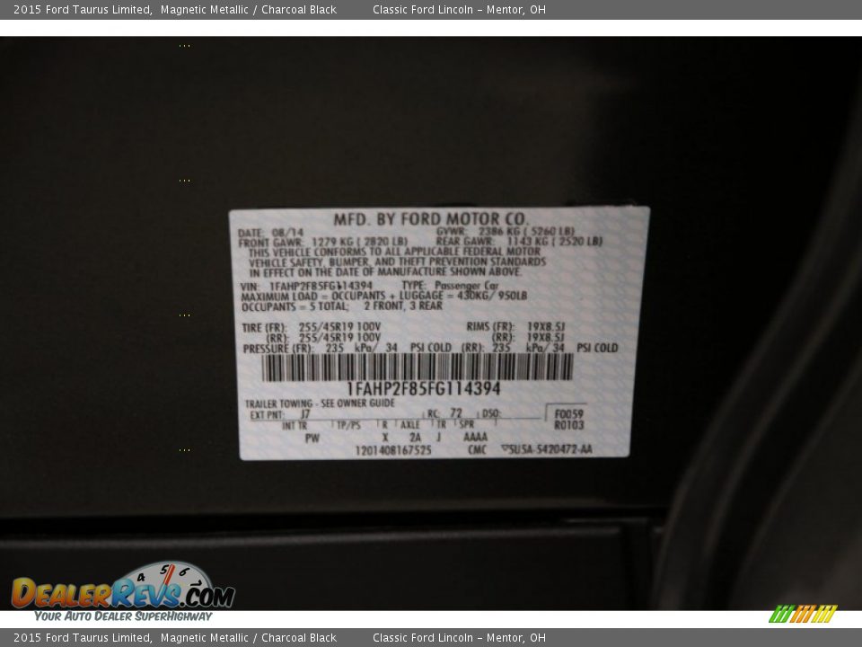 2015 Ford Taurus Limited Magnetic Metallic / Charcoal Black Photo #16