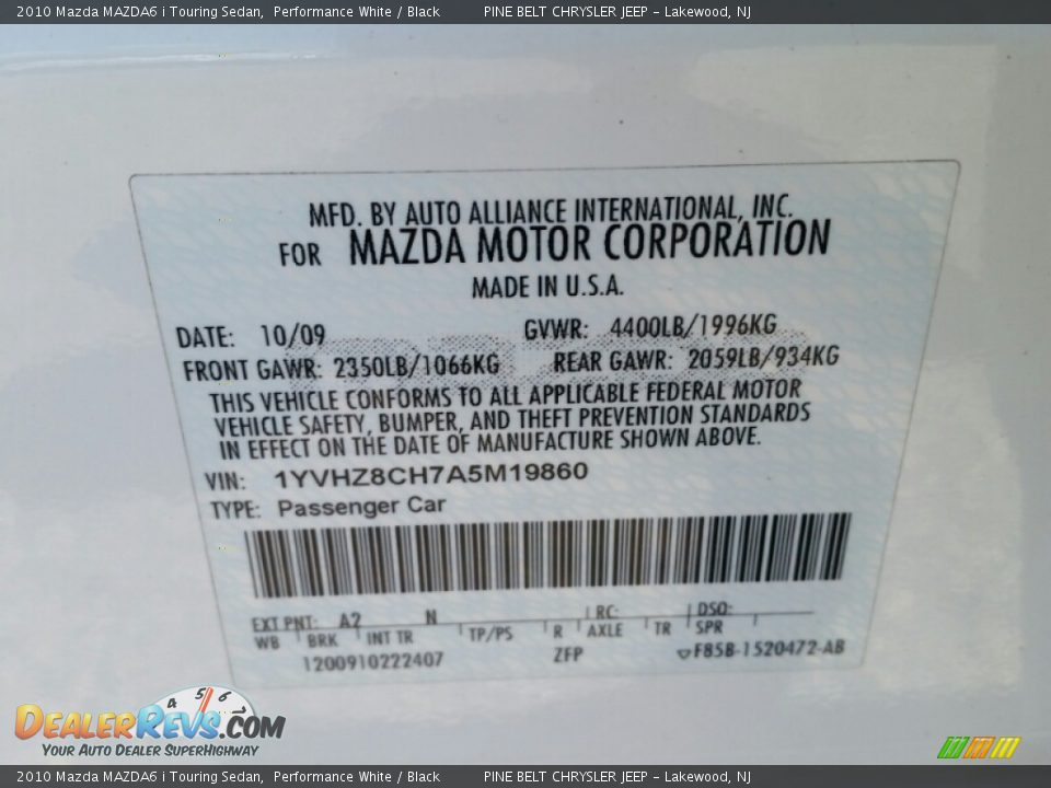 2010 Mazda MAZDA6 i Touring Sedan Performance White / Black Photo #17