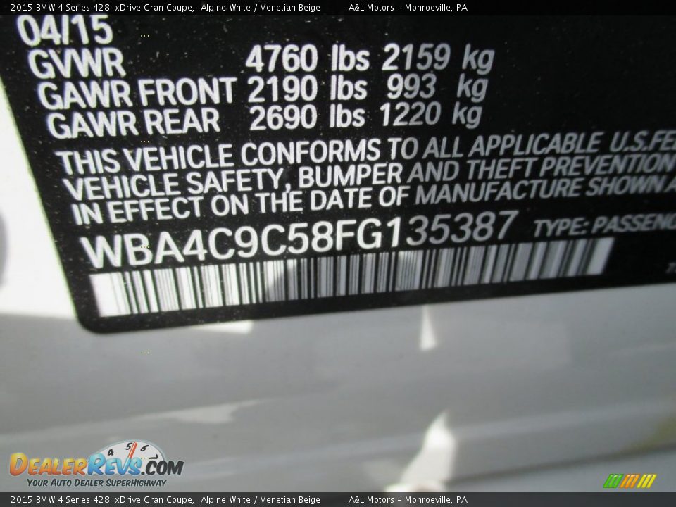 2015 BMW 4 Series 428i xDrive Gran Coupe Alpine White / Venetian Beige Photo #19