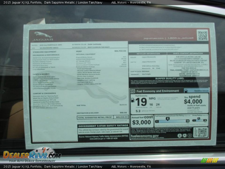 2015 Jaguar XJ XJL Portfolio Window Sticker Photo #3