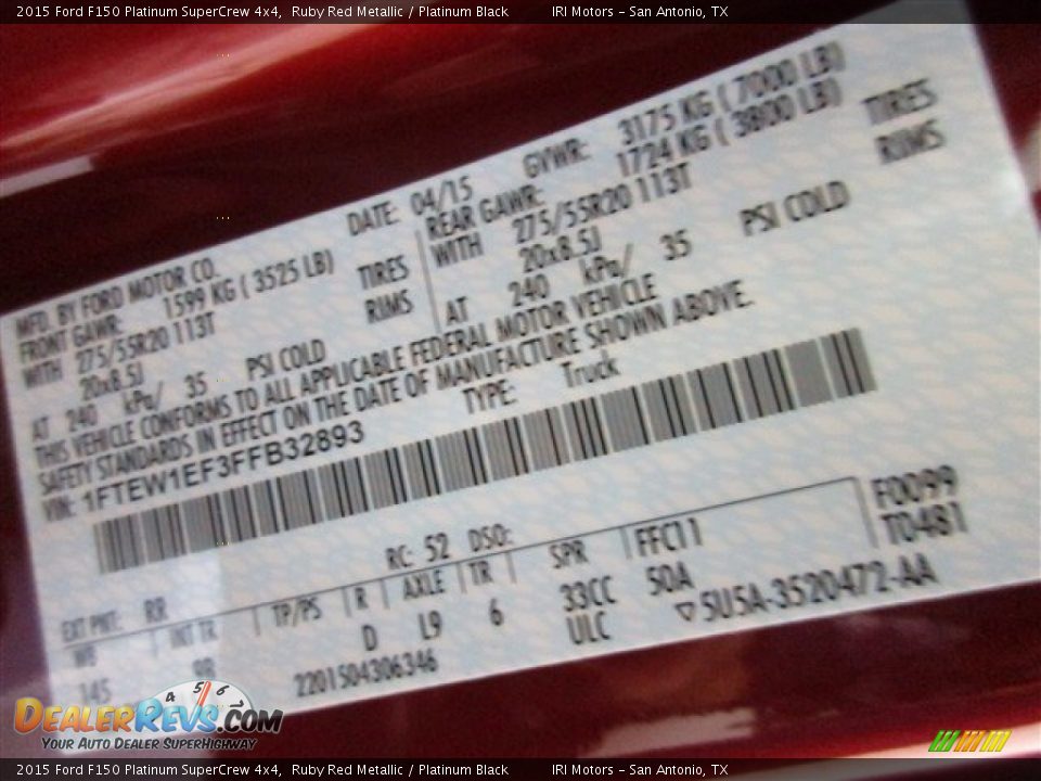 2015 Ford F150 Platinum SuperCrew 4x4 Ruby Red Metallic / Platinum Black Photo #17
