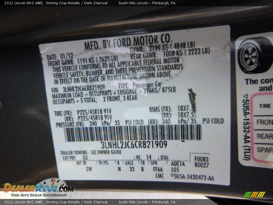 2012 Lincoln MKZ AWD Sterling Gray Metallic / Dark Charcoal Photo #23