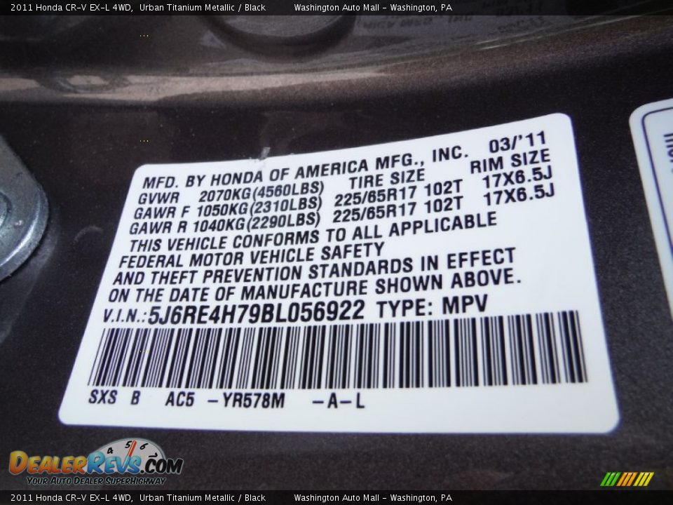 2011 Honda CR-V EX-L 4WD Urban Titanium Metallic / Black Photo #24