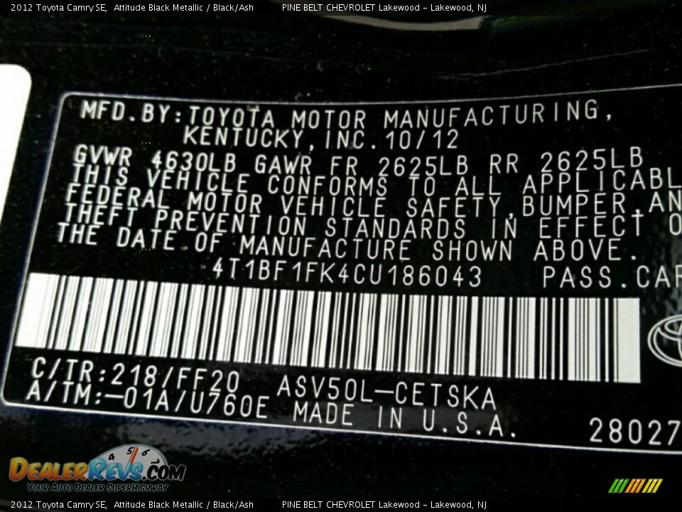 2012 Toyota Camry SE Attitude Black Metallic / Black/Ash Photo #18