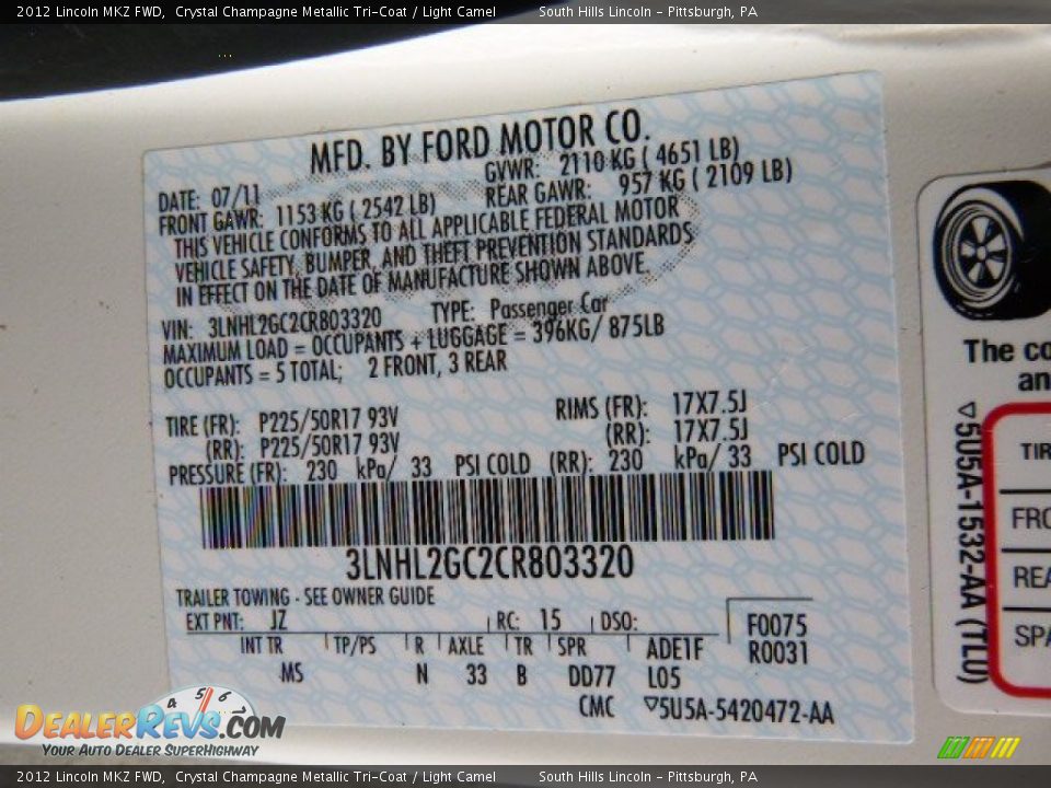 2012 Lincoln MKZ FWD Crystal Champagne Metallic Tri-Coat / Light Camel Photo #23