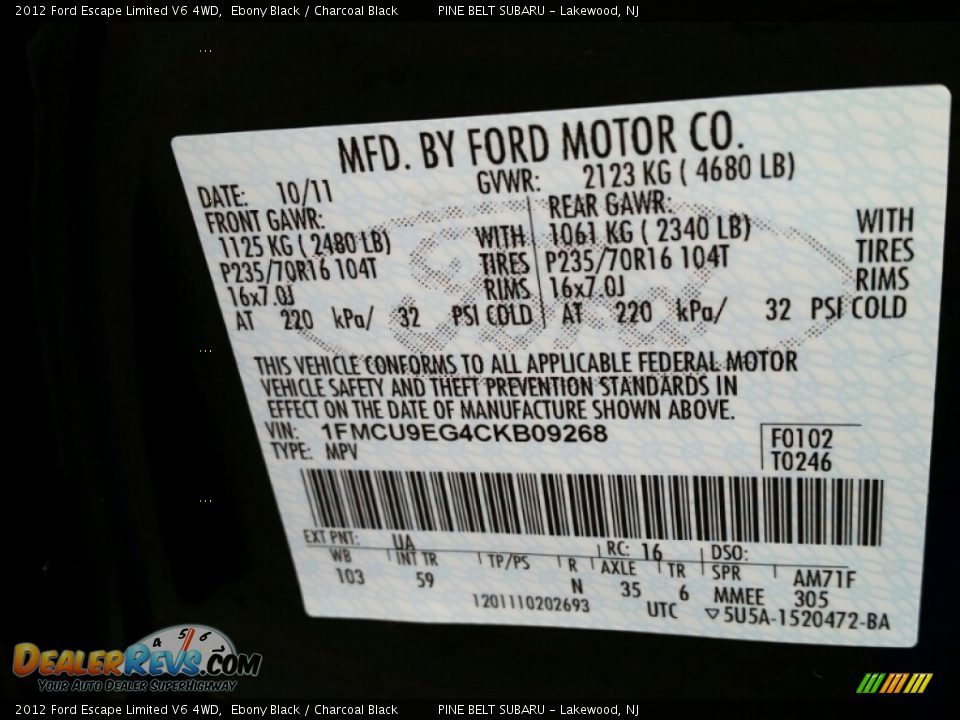 2012 Ford Escape Limited V6 4WD Ebony Black / Charcoal Black Photo #20