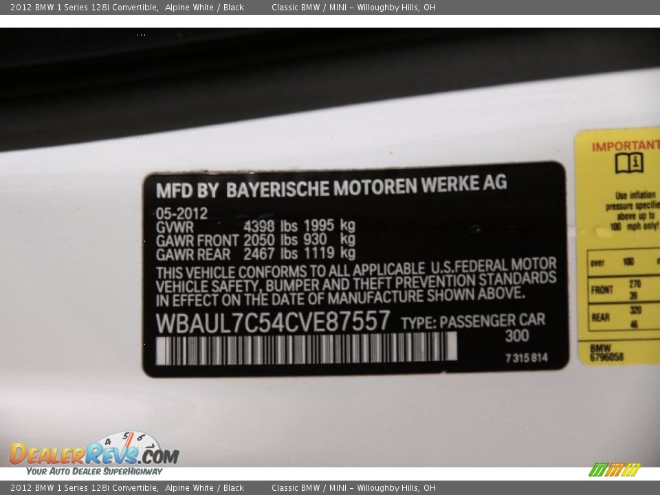 2012 BMW 1 Series 128i Convertible Alpine White / Black Photo #17