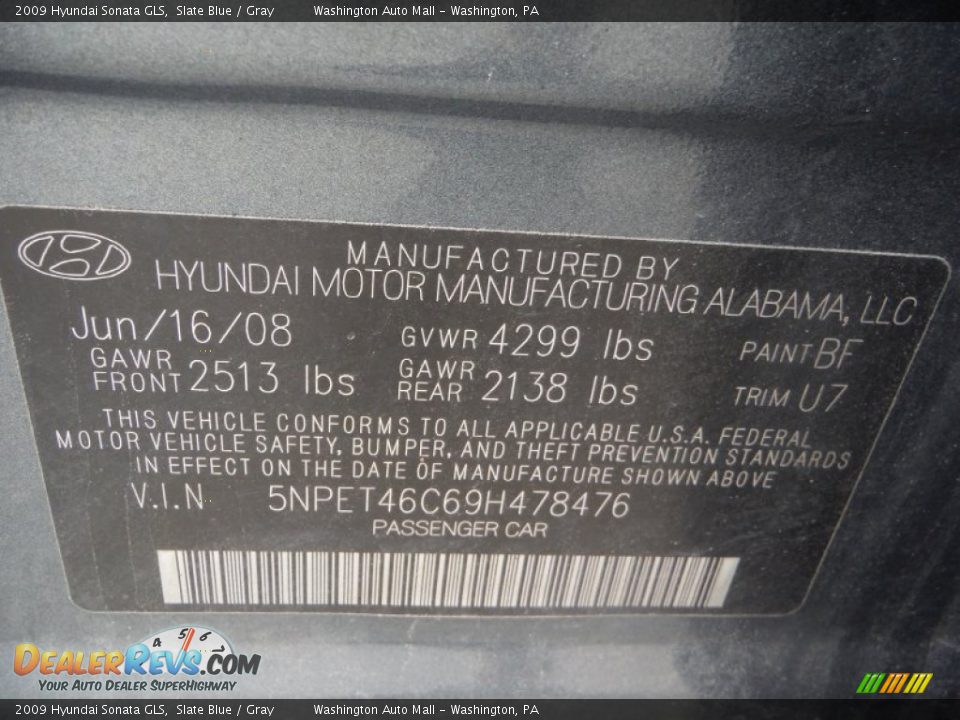 2009 Hyundai Sonata GLS Slate Blue / Gray Photo #19