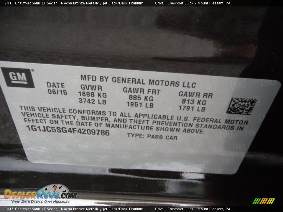 2015 Chevrolet Sonic LT Sedan Mocha Bronze Metallic / Jet Black/Dark Titanium Photo #20