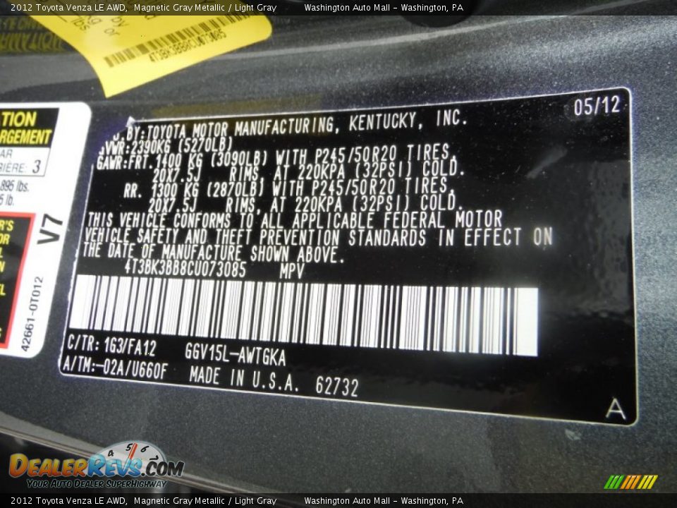 2012 Toyota Venza LE AWD Magnetic Gray Metallic / Light Gray Photo #19