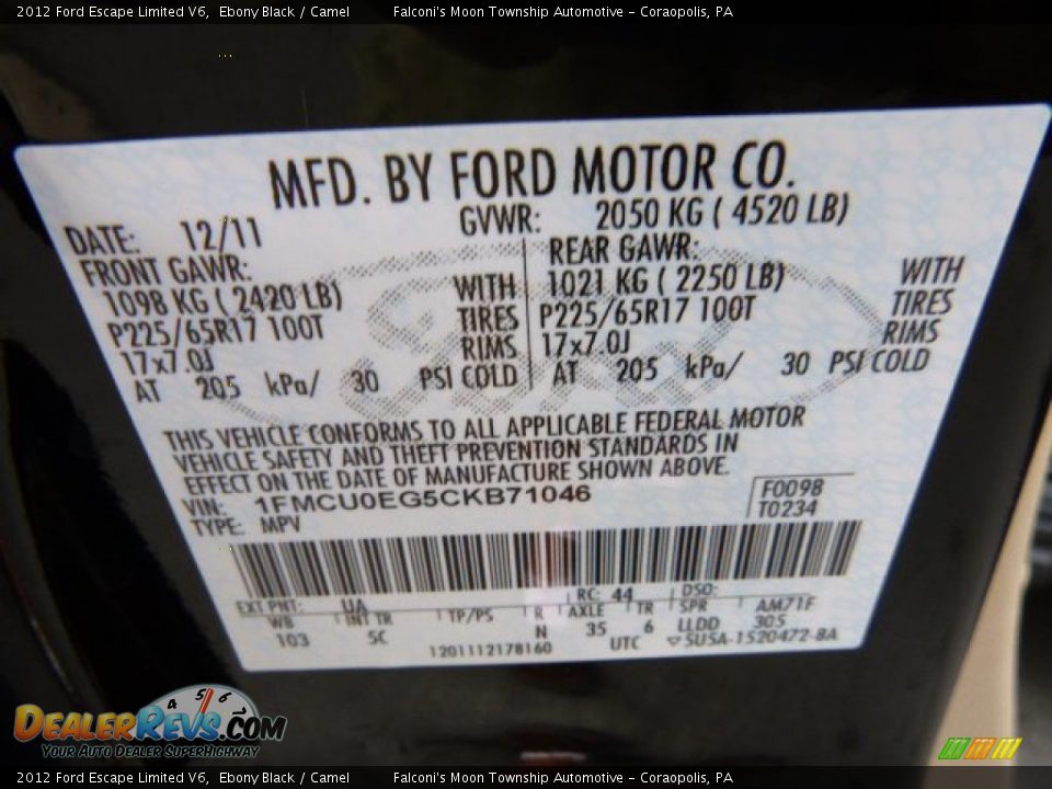 2012 Ford Escape Limited V6 Ebony Black / Camel Photo #23