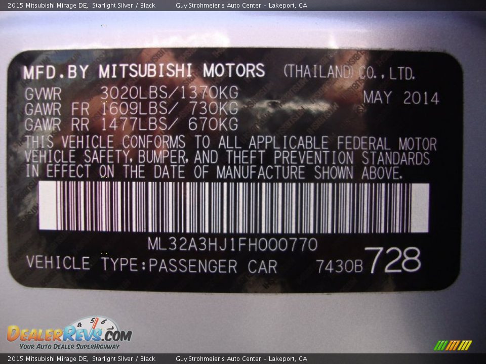 2015 Mitsubishi Mirage DE Starlight Silver / Black Photo #26