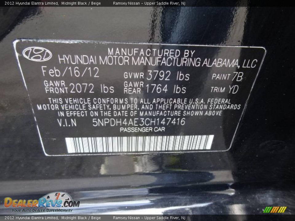 2012 Hyundai Elantra Limited Midnight Black / Beige Photo #24