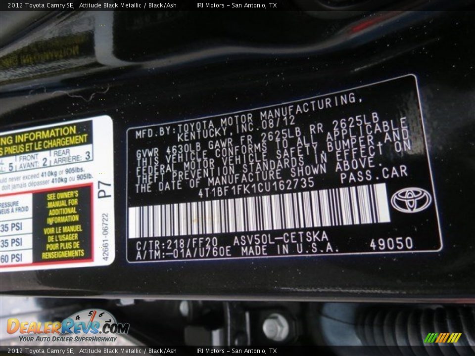 2012 Toyota Camry SE Attitude Black Metallic / Black/Ash Photo #11